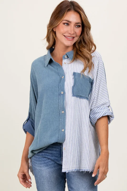 Women's Activewear Garments Blue Colorblock Stripe Oversized Button Down