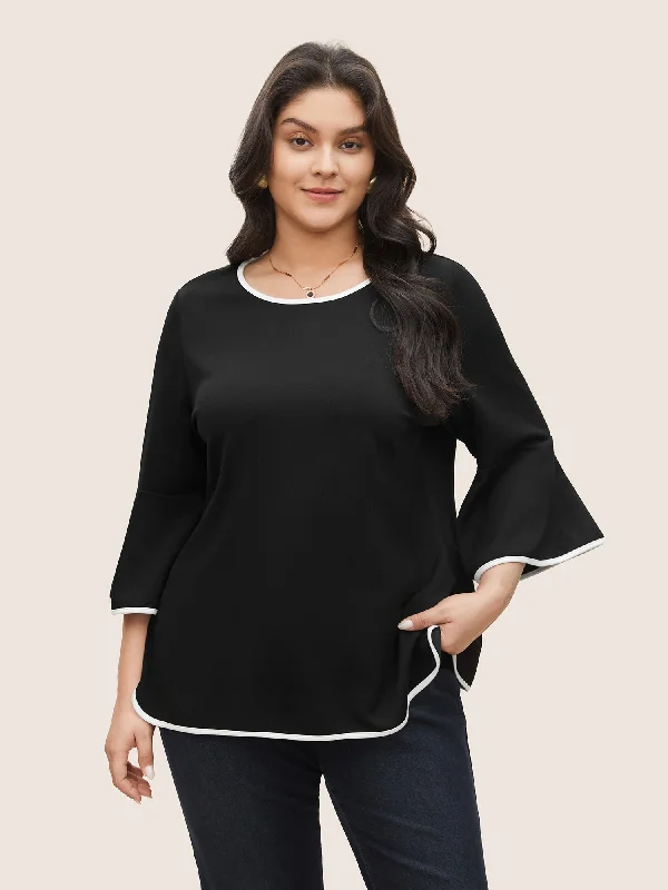 Women's Clothing Online Sale Contrast Trim Round Neck Flutter Sleeve T-shirt