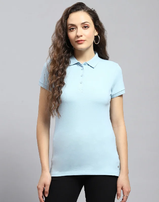 Athleisure Wear Women Blue Solid Polo Collar Half Sleeve T-Shirt