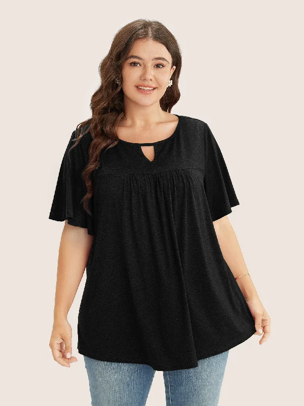 Women's Chic Apparel Plain Ruffle Sleeve Keyhole Gathered Crew Neck T-shirt