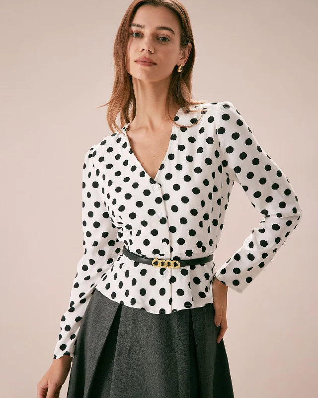 Imeless Style The White V Neck Button Polka Dot Blouse