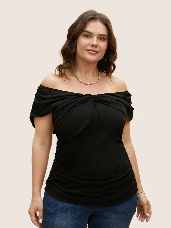 Latest Fashion for Women Solid Twist Front Off Shoulder Slim T-shirt