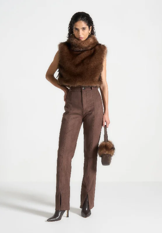 Women's Evening Wear Fur High Neck Jumper with Ties - Brown