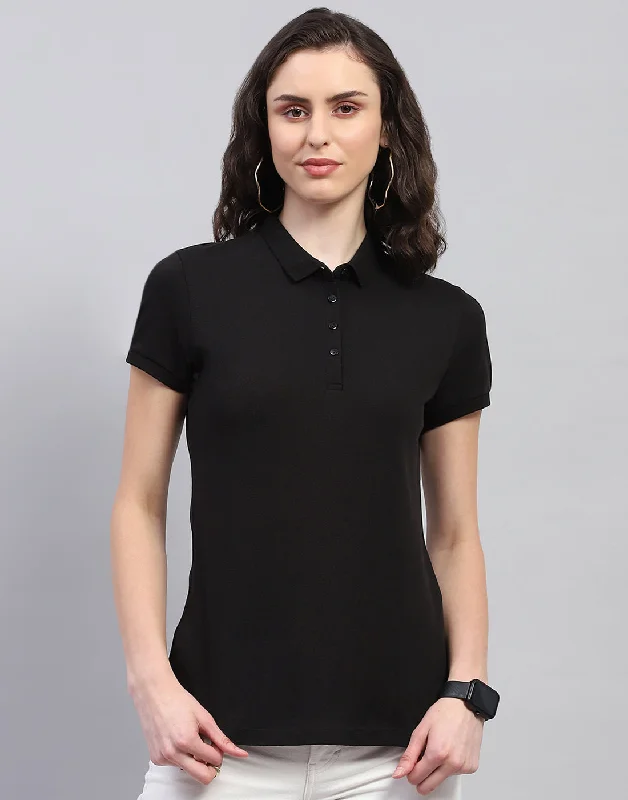 Earthy Tones Women Black Solid Polo Collar Half Sleeve T Shirt