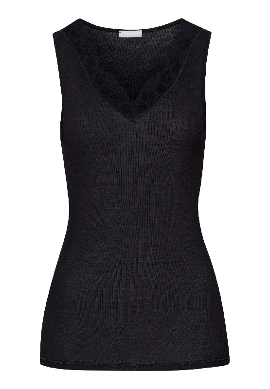 Women Apparel Woolen Lace Fine Ribbed Wool And Silk Tank Top | Black 70912-019