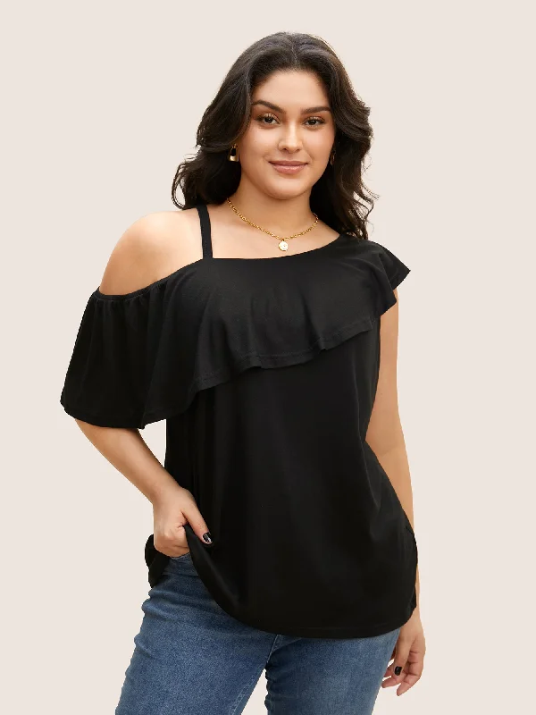 Chic Casual Wardrobe Essentials One Shoulder Solid Ruffle Trim T-shirt