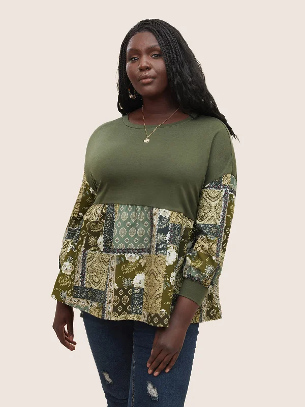 Women's Clothes Online Shopping Boho Print Patchwork Lantern Sleeve T-shirt