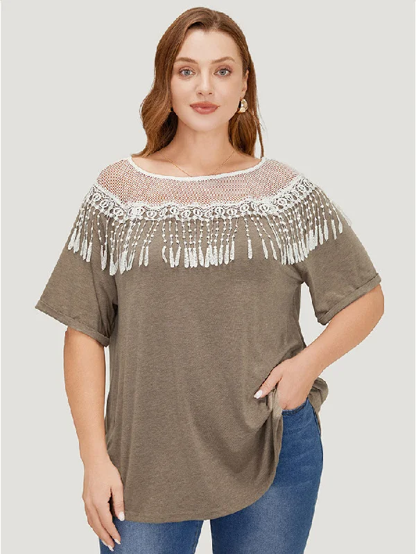 Latest Fashion Solid Roll Sleeve Lace Fringe Trim T-shirt