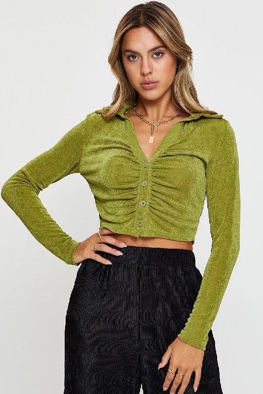 Designer Women's Fashion Online Green Jersey Shirt Long Sleeve Ruche