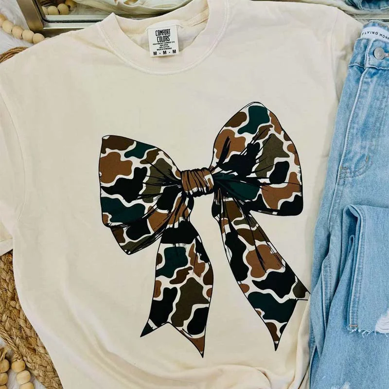 Stylish Women's Apparel Old School Camo Bow Short Sleeve T-Shirt