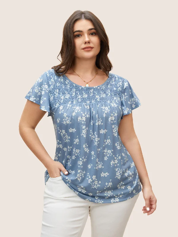 Clothes Women Round Neck Floral Print Shirred T-shirt