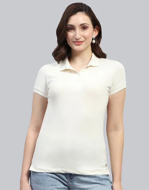 Everyday Fashion Women Off White Solid Polo Collar Half Sleeve T Shirt