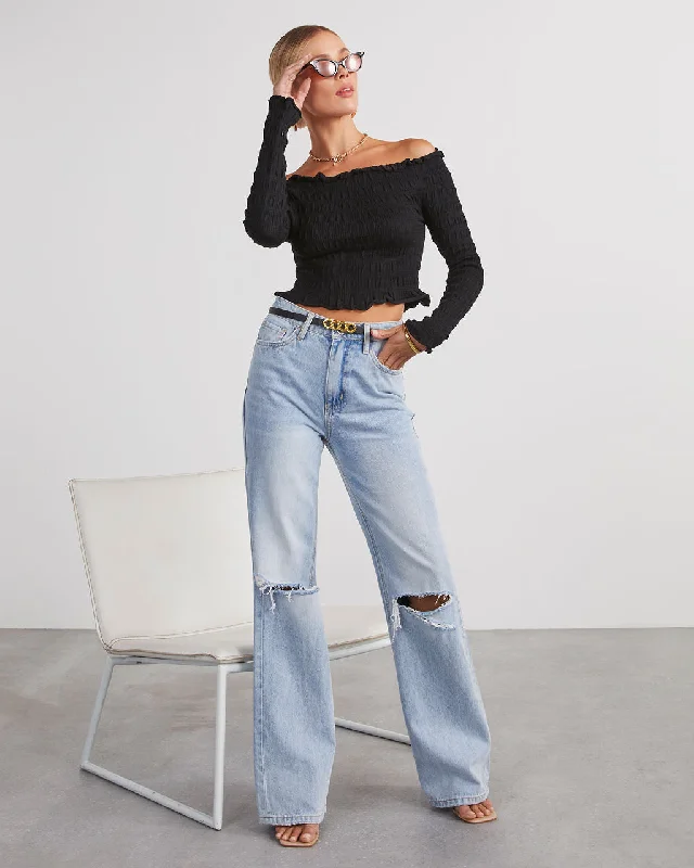 Urban Femme Streetwear Yes Please Smocked Off The Shoulder Top