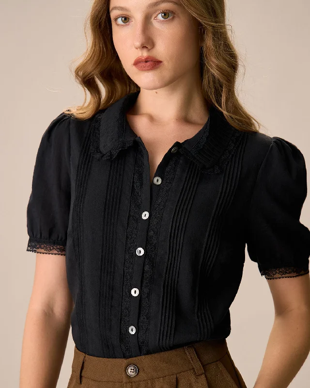 Women's Clothing Apparel Women's Black Chelsea Collar Lace Trim Cotton Blouse