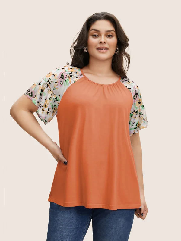 Comfortable Casual Wear Crew Neck Patchwork Floral Raglan Sleeve T-shirt