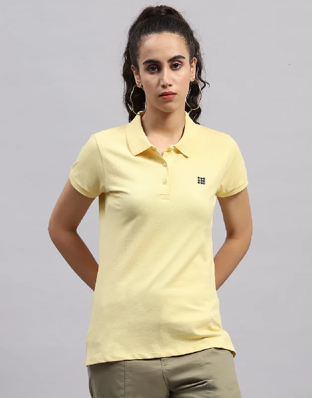 Chic Casual Style Women Yellow Solid Polo Collar Half Sleeve T Shirt