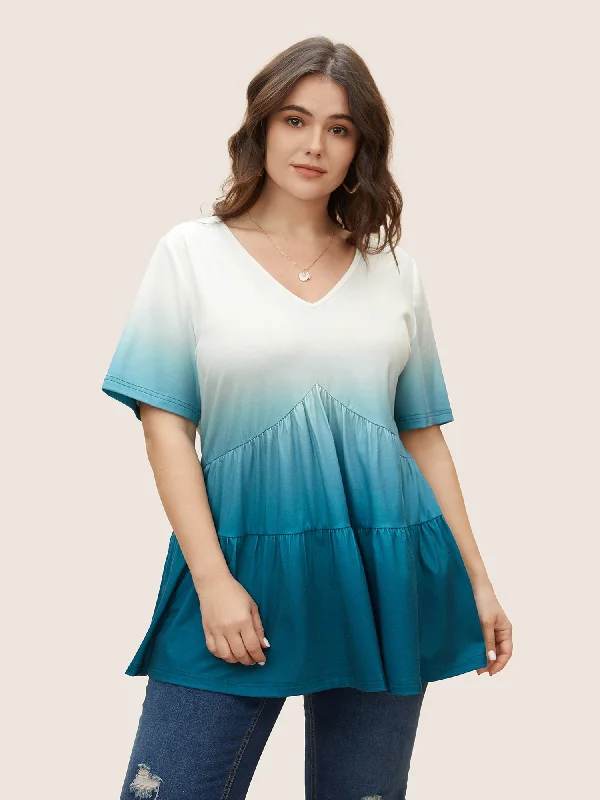 Flash Sales This Week V Neck Ombre Ruffle Layered Hem T-shirt