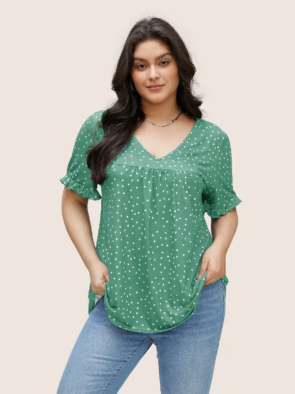 Hot Trends Polka Dot Print Gathered Frill Trim T-shirt