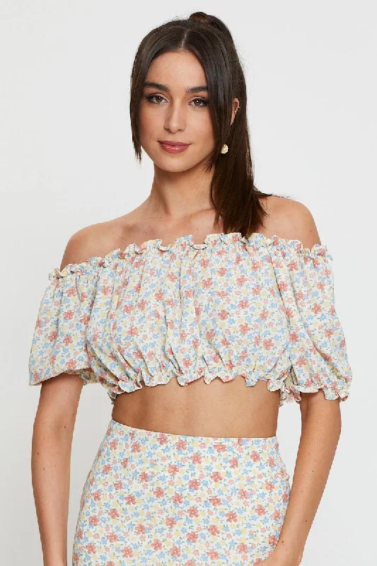 New Arrival Discount Print Crop Blouse Off Shoulder