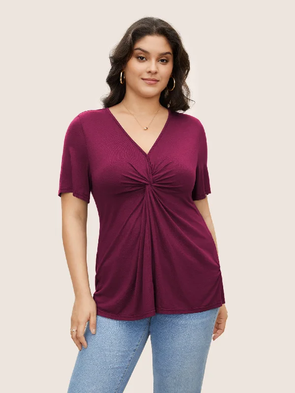 Women's Everyday Apparel Plain V Neck Twist Front T-shirt