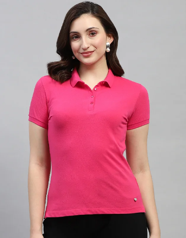 Relaxed Style Women Pink Solid Polo Collar Half Sleeve T Shirt