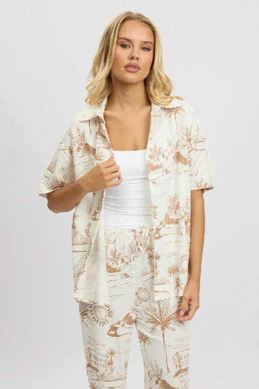 Trendy Boutiques Online Brown Abstract Relaxed Shirt Short Sleeve