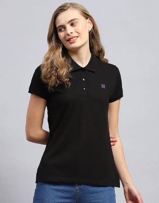 Vintage Fashion Women Black Solid Polo Collar Half Sleeve T-Shirt