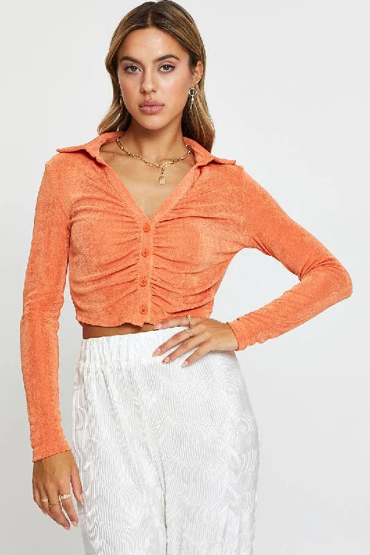 Affordable Fashion for Women Orange Jersey Shirt Long Sleeve Ruche