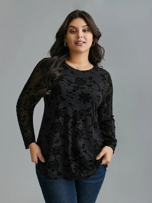 Luxury Fashion Floral Flocking Sheer Sleeve Lined Knit Top