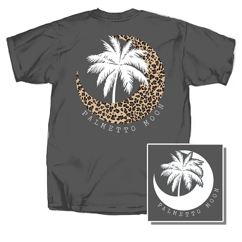 Women's Plus-Size Attire Leopard Moon Palm Short Sleeve T-Shirt in Charcoal