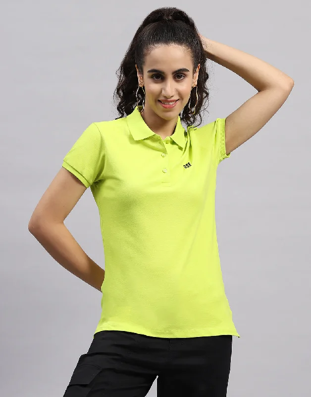 Modern Casual Clothing Women Fluorescent Green Solid Polo Collar Half Sleeve T Shirt