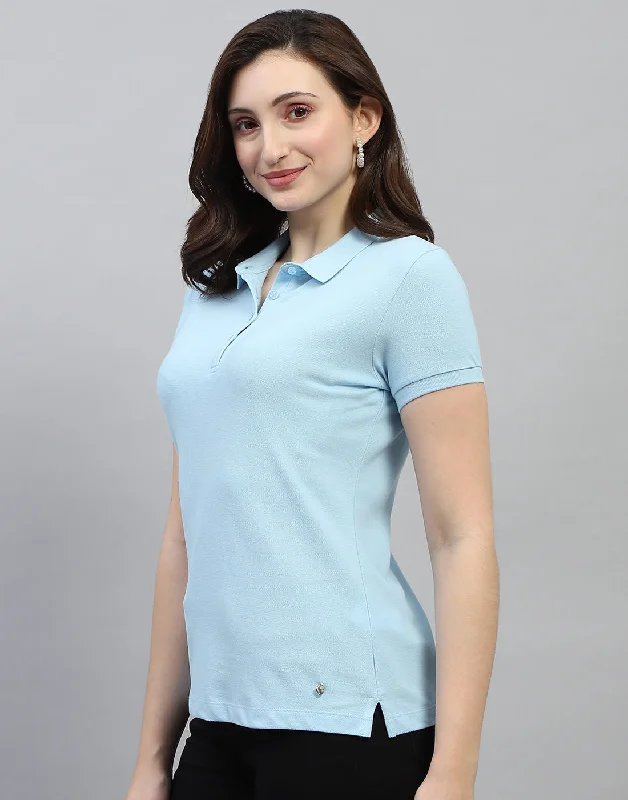 Relaxed Style Women Sky Blue Solid Polo Collar Half Sleeve T Shirt