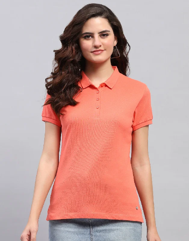 Premium Fabrics Women Coral Solid Collar Half Sleeve T-Shirt