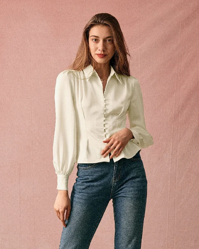 Women's Formal Clothes The Solid Collared Puff Sleeve Satin Blouse