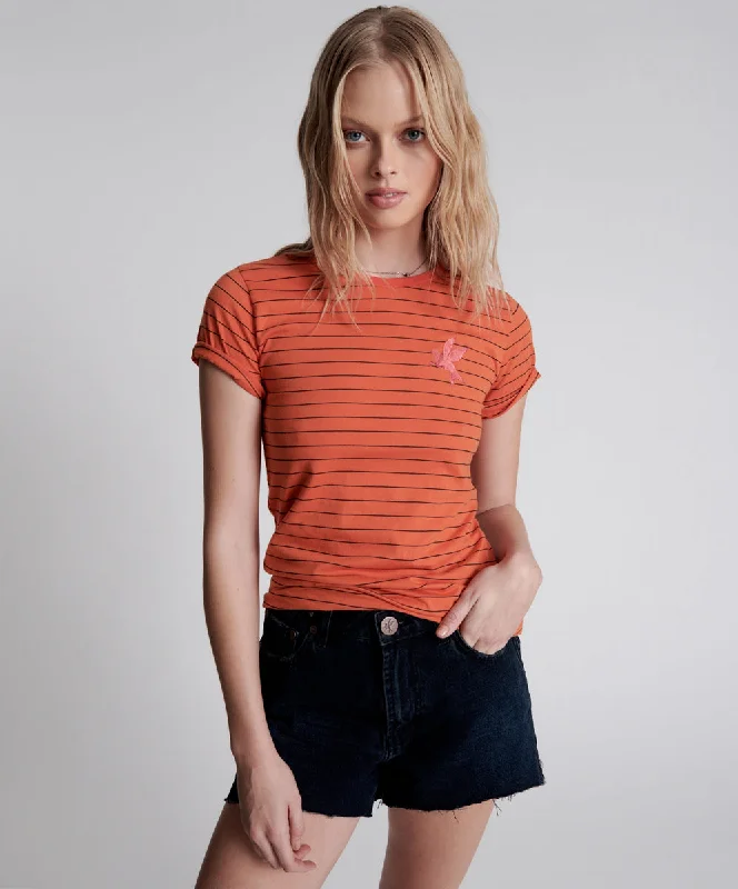 Women's Versatile Apparel Bower Bird Embroidered Logo Fitted Tee Orange - Orange Stripe