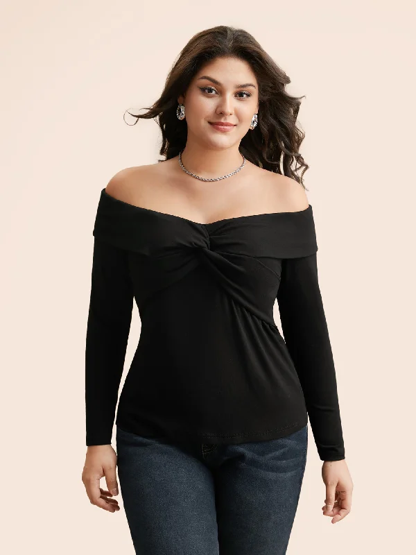 Vintage-Inspired Garments Off Shoulder Twist Front Knit Top