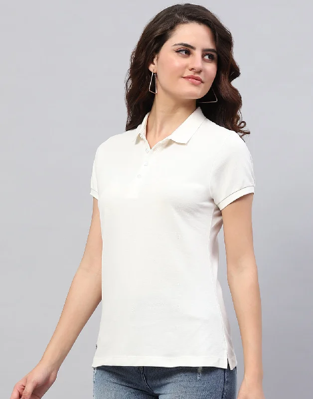 Elegant Fashion Women Off White Solid Collar Half Sleeve T-Shirt