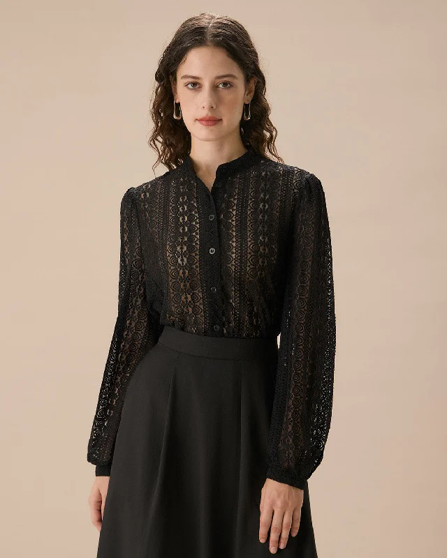 Women's Transitional Apparel Black Lace Lantern Sleeve Blouse