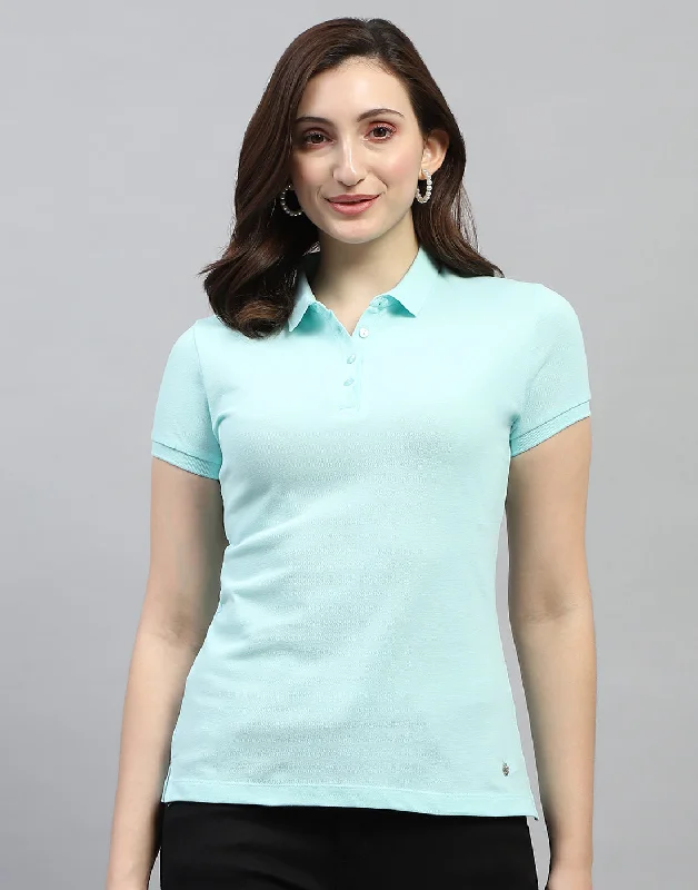 Stylish Women's Apparel Women Aqua Blue Solid Polo Collar Half Sleeve T Shirt