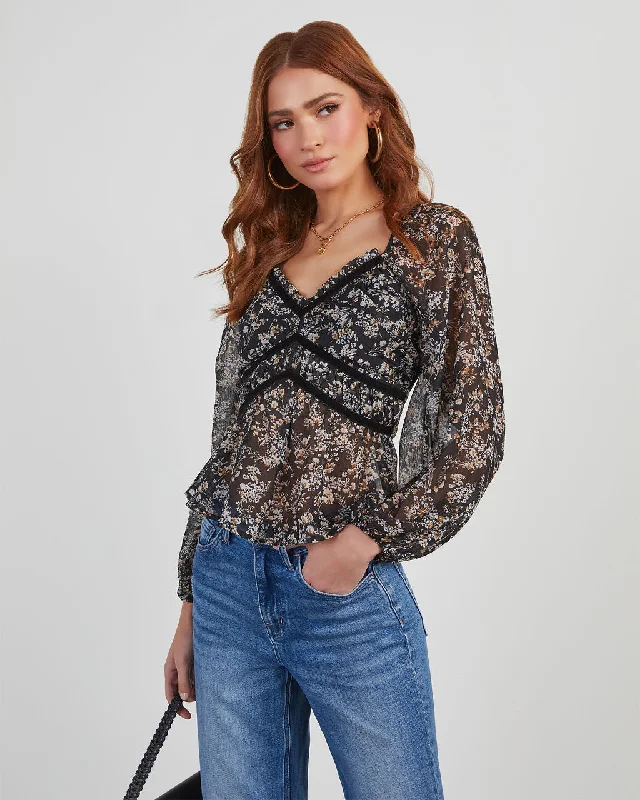 Fashionable Casual Tops Love Charm Velvet Trim Floral Blouse