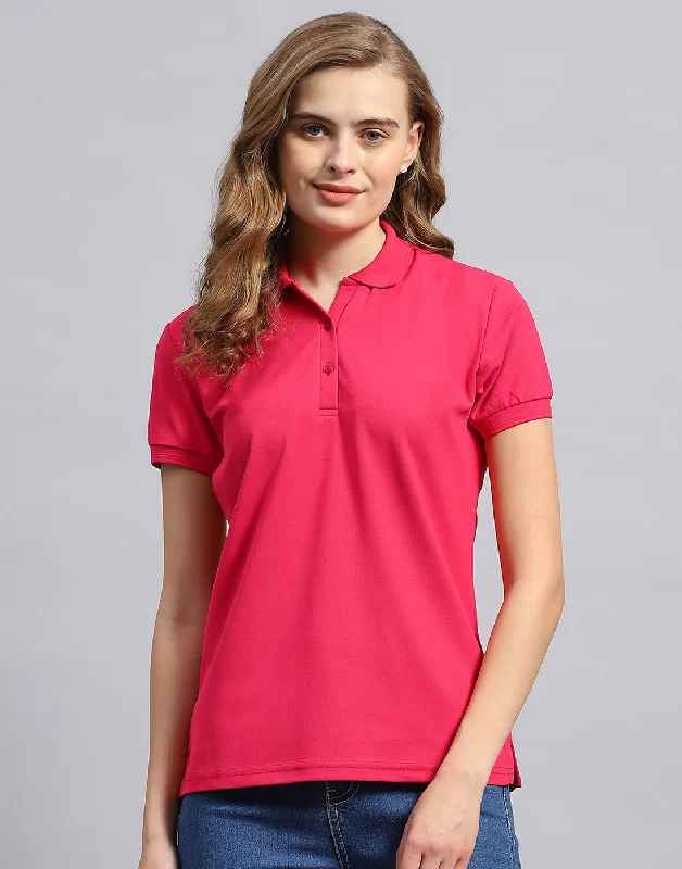 Boho Chic Fashion Women Pink Solid Polo Collar Half Sleeve T-Shirt