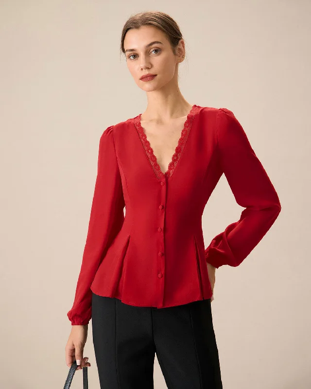 Modern Women's Apparel The Red V Neck Lace Trim Button Blouse