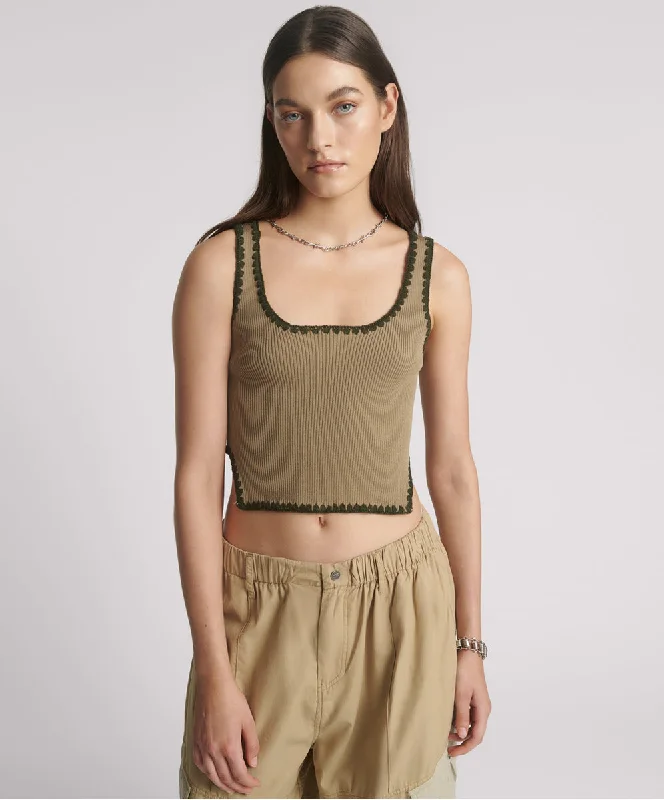 Women's Plus-Size Casual Outfit Knitted Scallop Tank Top - Khaki