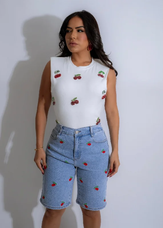 Modern Women's Attire Berry Sweet Cherry Rhinestone Crop Top White