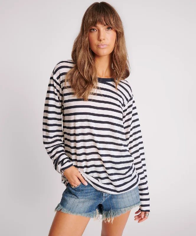 Women's Layered Outfit Linen Yarn Dye Stripe Longsleeve Boyfriend Tee - Blue White