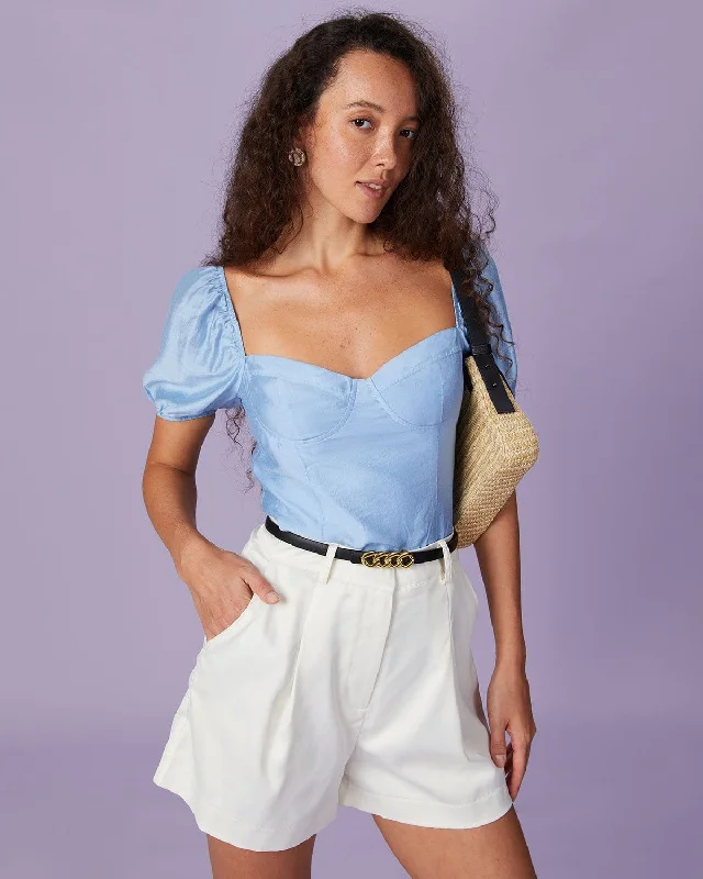 Fashion Essentials The Blue Sweetheart Neck Puff Sleeve Blouse