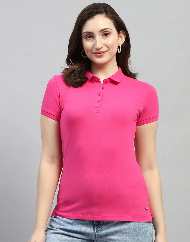 Casual Chic Clothing Women Pink Solid Polo Collar Half Sleeve T Shirt