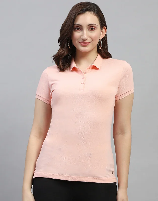 Fashion Essentials Women Peach Solid Polo Collar Half Sleeve T Shirt