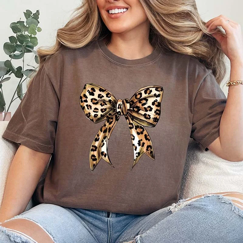 Women's Athletic Apparel Cheetah Bow Short Sleeve T-Shirt