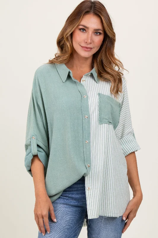 Affordable Women's Garments Light Olive Colorblock Stripe Oversized Button Down